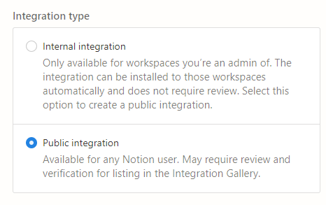 The Integration Type section of the Integration page. Choose Public Integration.