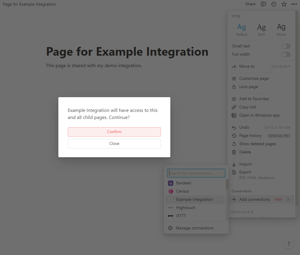 Screenshot of connecting an integration using “Add connections” and selecting the integration in the menu.