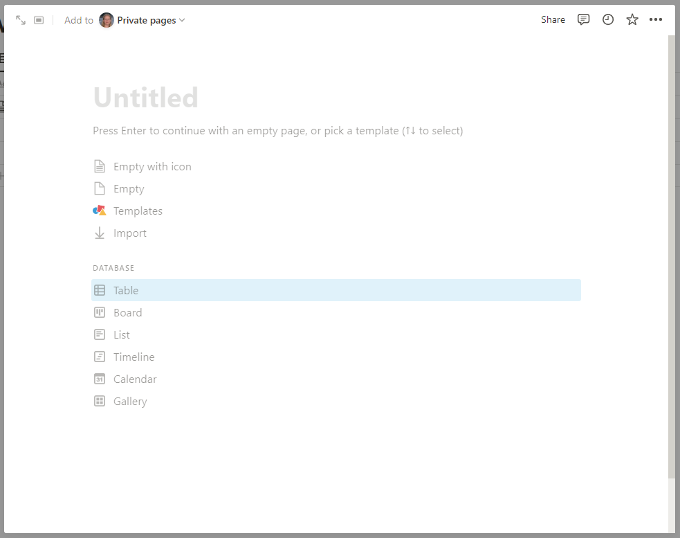 Screenshot of Notion's Create a Page screen