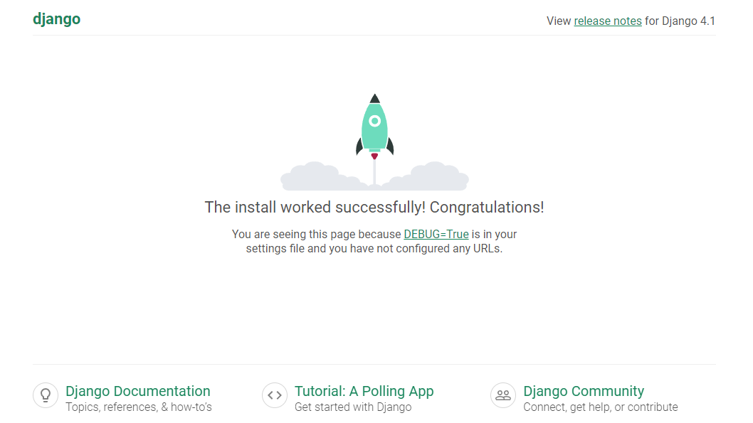 Screenshot showing Django's Install Success page
