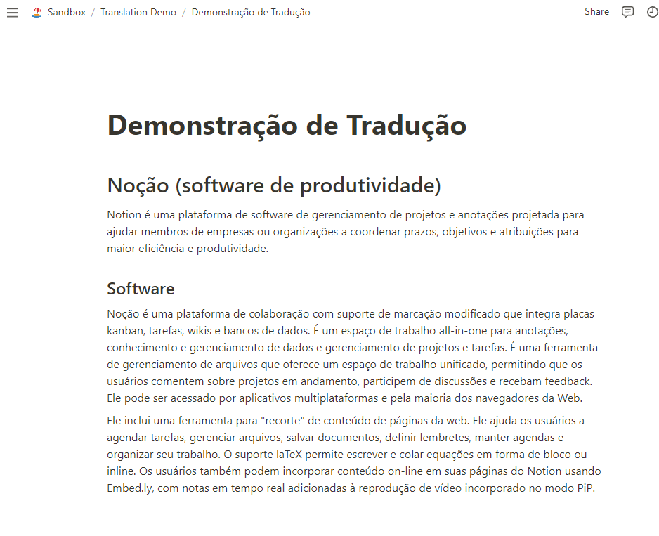 Screenshot of Notion page translated to Portuguese