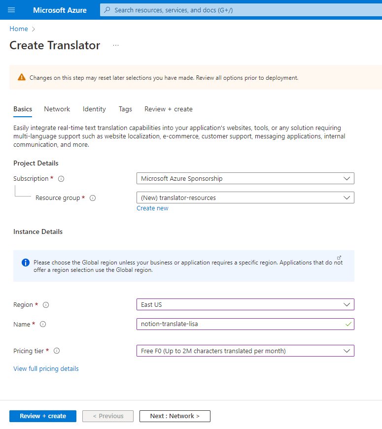 Screenshot of Create Translator page in Azuure