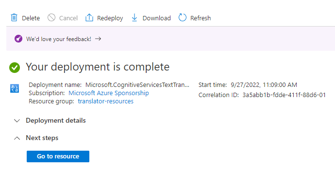 Screenshot of deployment complete page